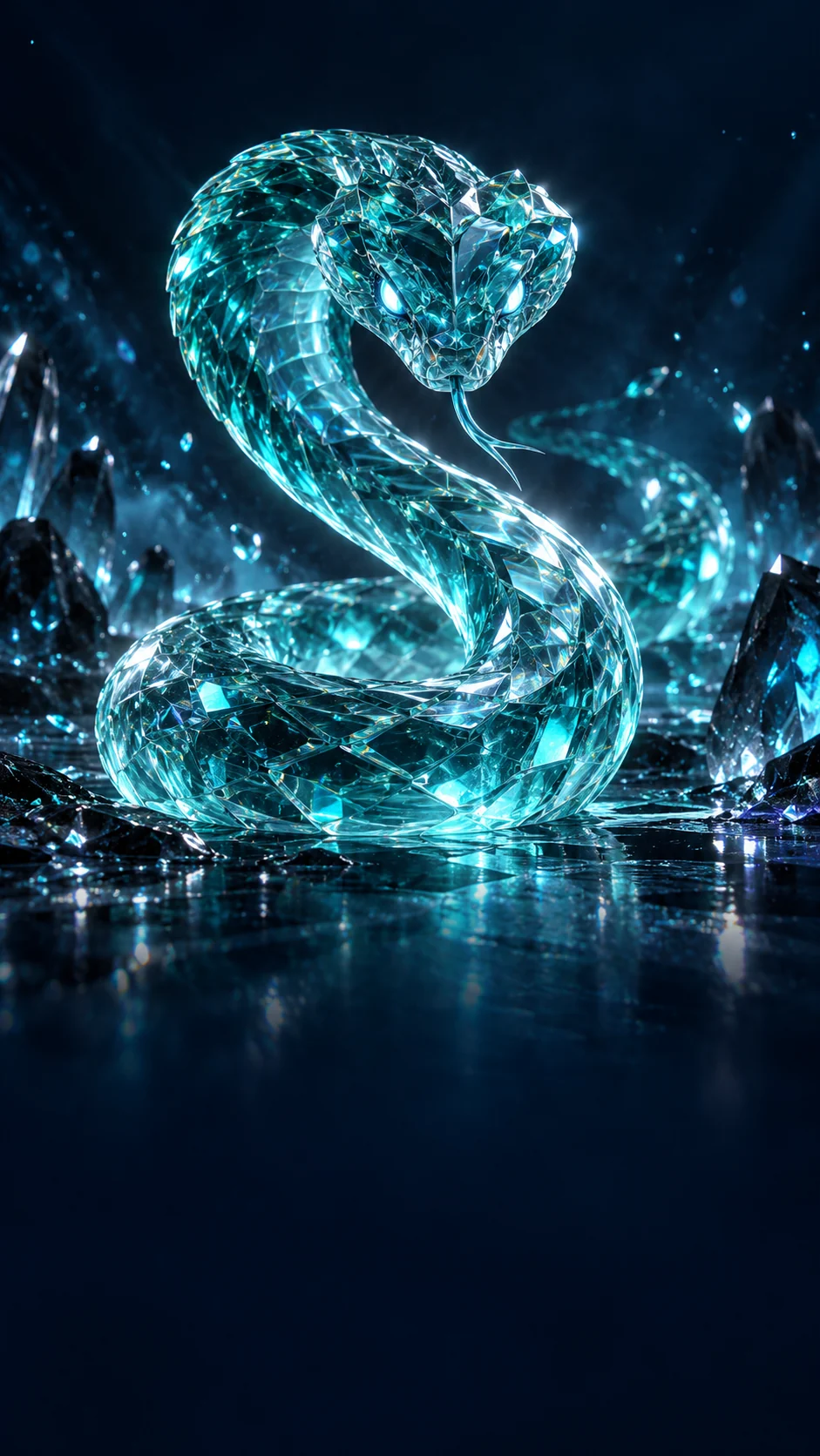 A cyan glass serpent surrounded by sparkling crystalline fragments